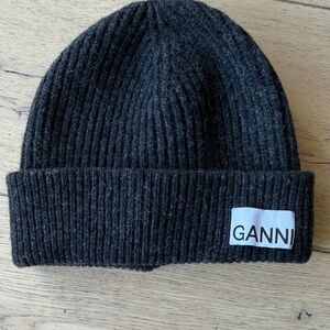 Ganni Charcoal Ribbed Knit Beanie